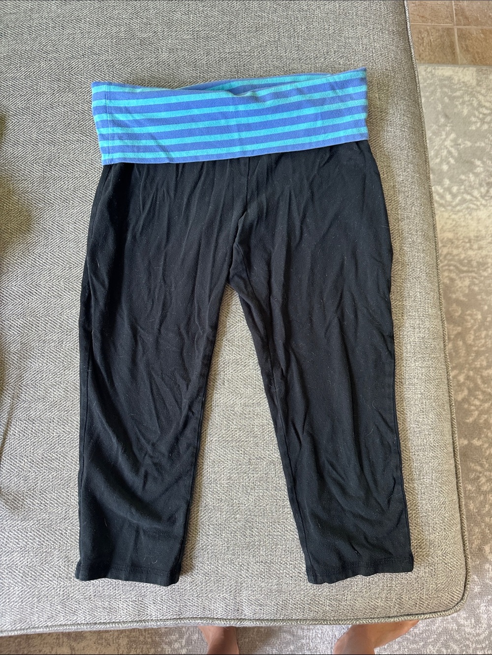 Black Capri Leggings with Blue Striped Waistband